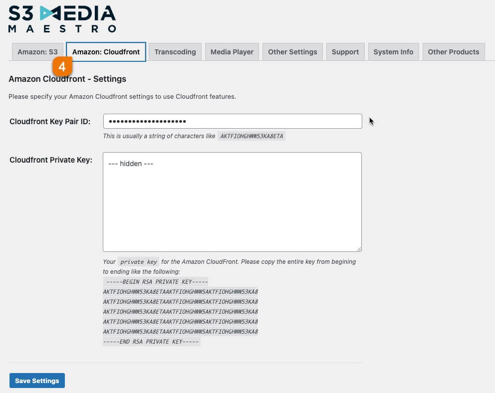 Screenshot 4: How to obtain your CloudFront Key Pair ID and Private Key