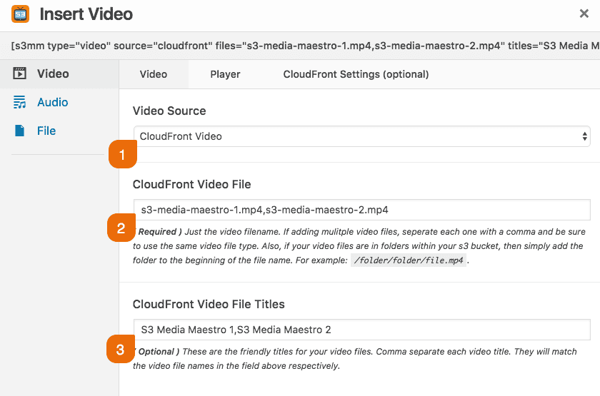 Screenshot 1: How to use the CloudFront shortcode parameters (versions 3.2.4 and below)