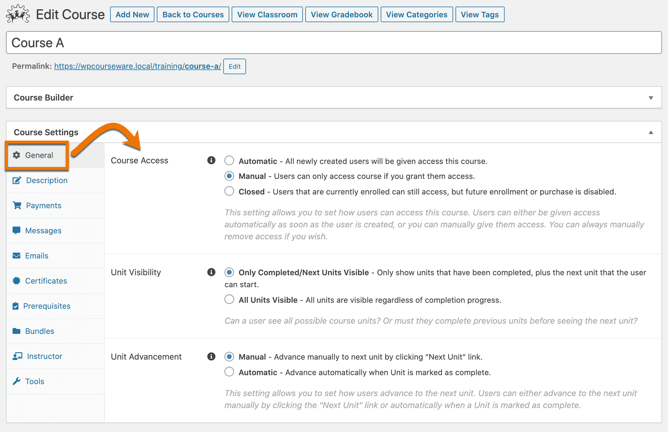Course enrollment settings: Automatic, Manual or Closed