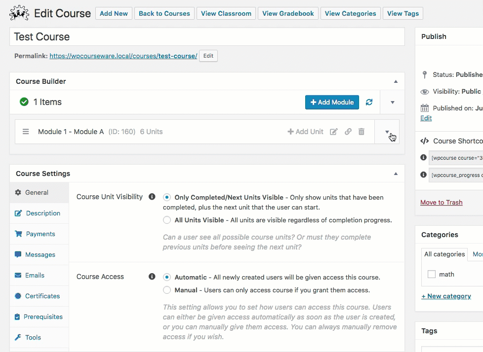 Screenshot 1: How do I create a blocking quiz with WP Courseware