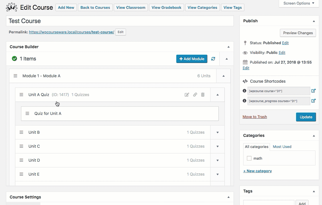Screenshot 2: How do I create a blocking quiz with WP Courseware
