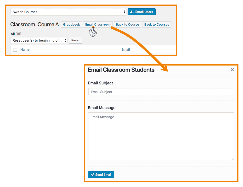 Screenshot 1: Emailing students and classroom