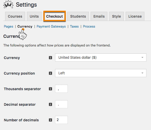 Screenshot 1: Configure currency settings