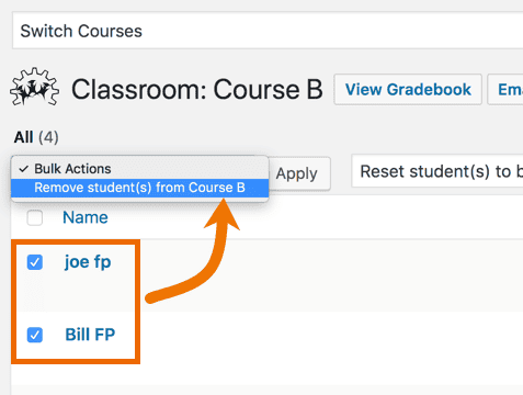 Screenshot 1: How can I bulk de-enroll students from the classroom page