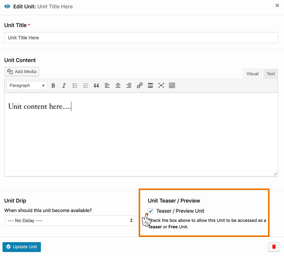 Screenshot 1: How do I create a course unit teaser/preview