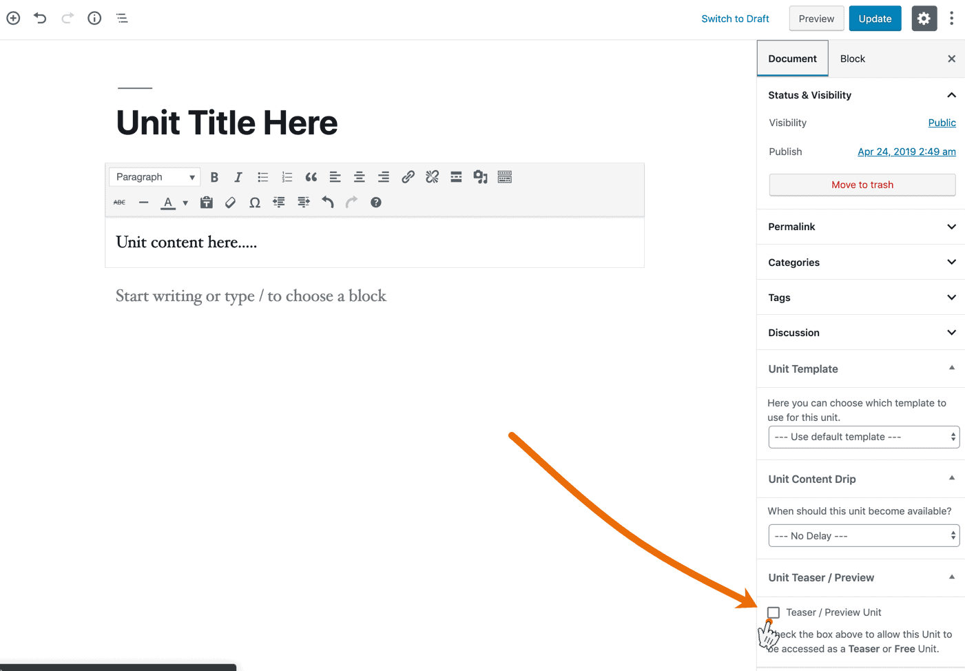 Screenshot 2: How do I create a course unit teaser/preview